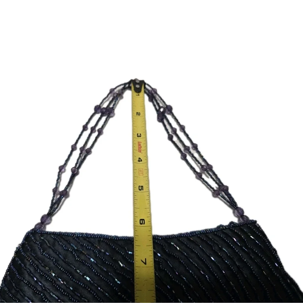 HANDCRAFTED BLUE PLEATED‎ BAG w/ BEAD DECORATION AND BEAD HANDLE EVENING HANDBAG